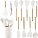 Kit Utensílios de Cozinha em Silicone e Madeira Antiaderente Branco 12 Peças