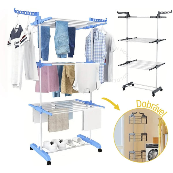 Kit 2 Varal De Chão com Prateleiras e Rodinhas - 3 Andares Dobrável Portátil