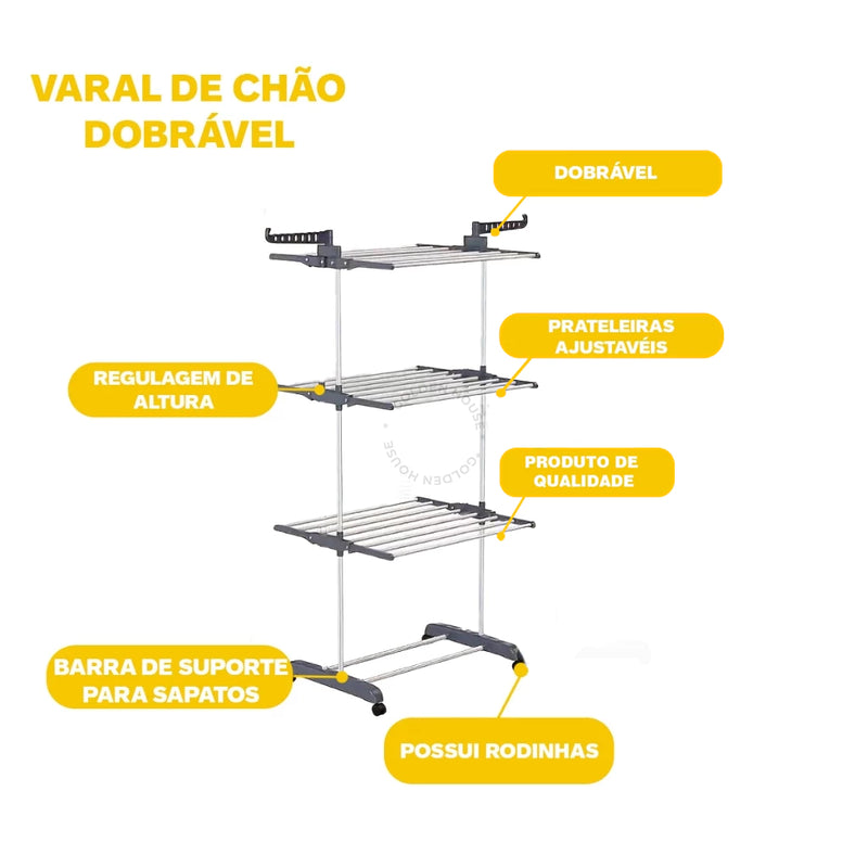 Kit 2 Varal De Chão com Prateleiras e Rodinhas - 3 Andares Dobrável Portátil