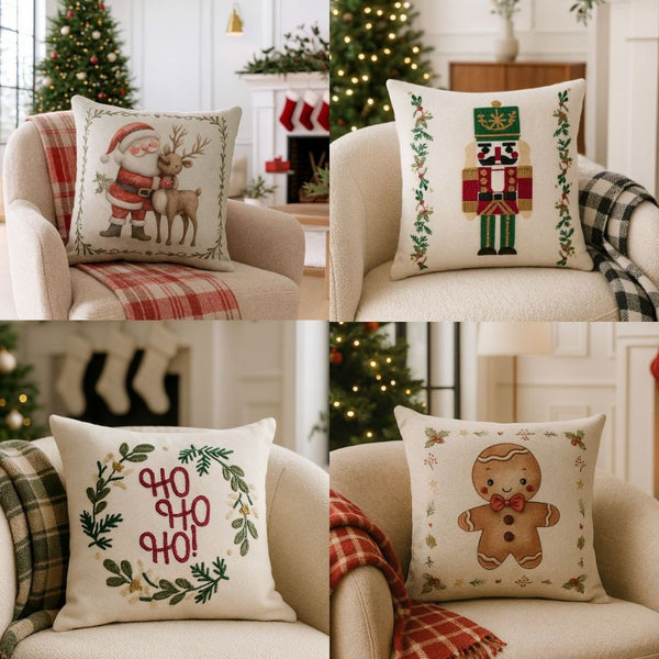 Capa de Almofada Natalina Decoração de Natal Festa Enfeite Papai Noel Renas Boneco de Neve Linho Estampado 43x43cm
