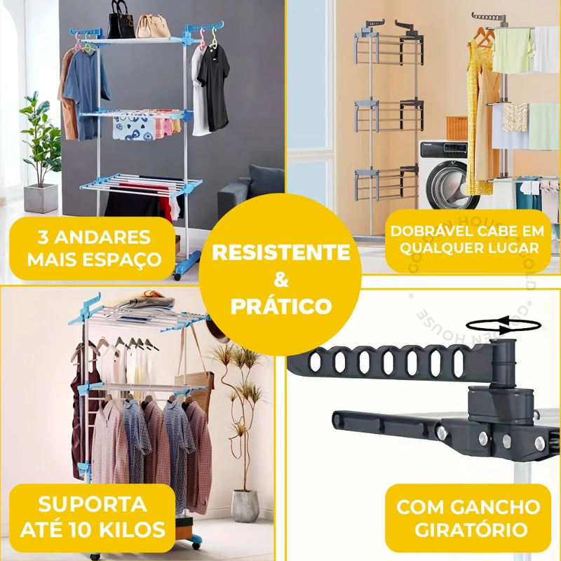 Kit 2 Varal De Chão com Prateleiras e Rodinhas - 3 Andares Dobrável Portátil