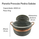 Jogo de Panelas Pedra Sabão 05 Peças - 1 Pressão 4 litros, 2 Caçarola 3 litros, frigideira 20 cm e Assadeira Grande