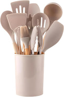 Kit Utensílios de Cozinha em Silicone e Madeira Antiaderente Branco 12 Peças